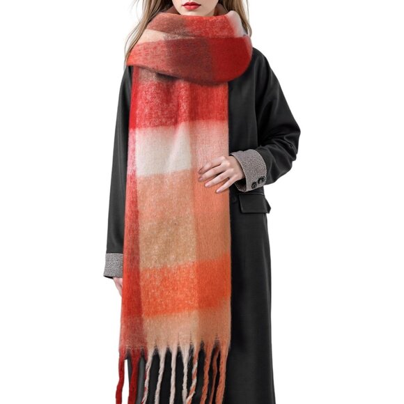 Accessories - Women's Red Brown Vintage Chunky Feel Blanket Pashmina Winter Warm Wrap Scarfs